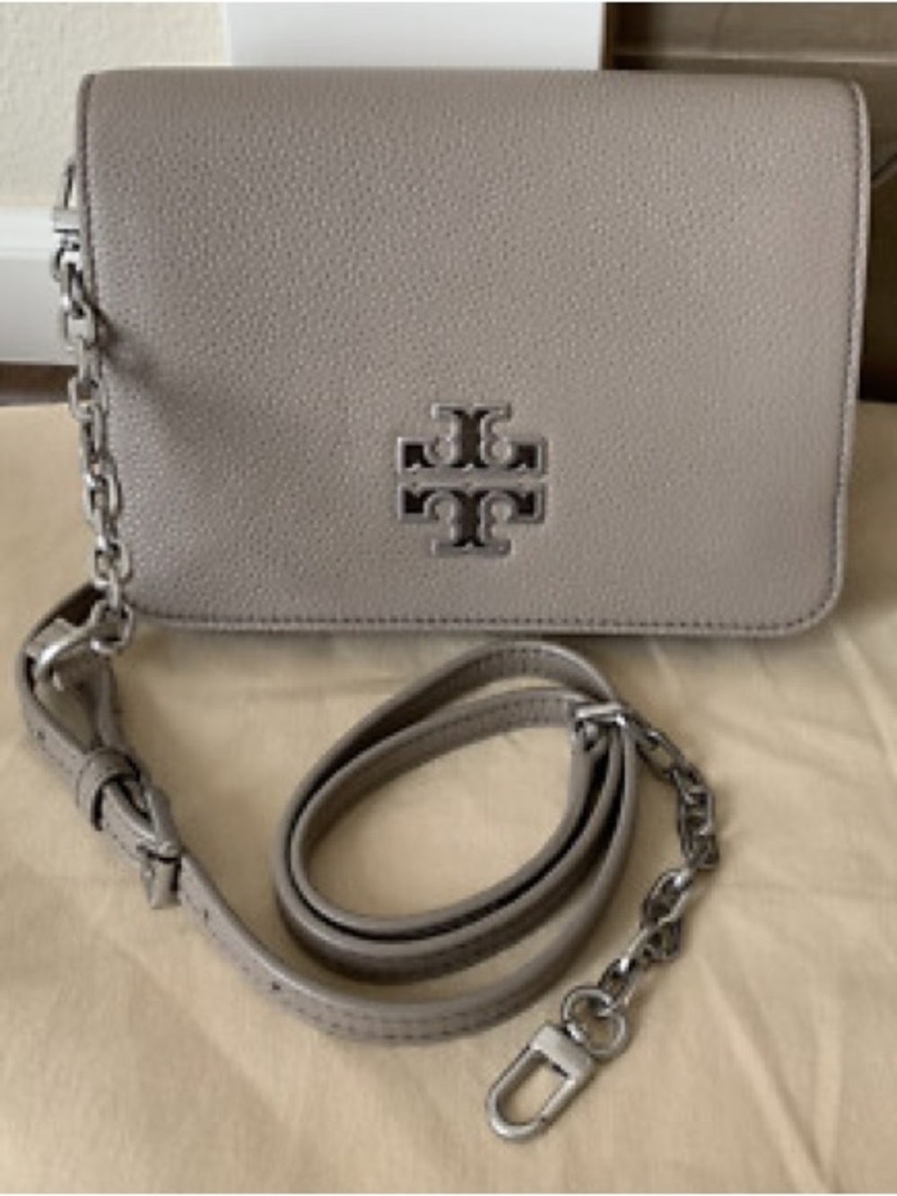 Tory Burch Pebbled Leather Crossbody in Light Taupe
